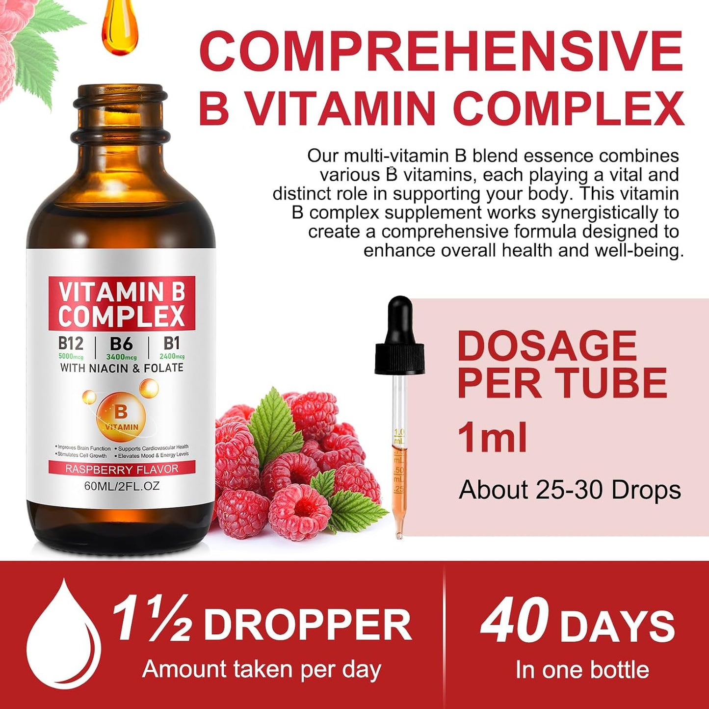 Vitamin B Complex Liquid Drops – Vegan B12 Methylcobalamin, B1 Thiamine, B6 Pyridoxine, Folic Acid, Niacin – Supports Energy, Brain & Heart Health, 40 Servings - görsel 6