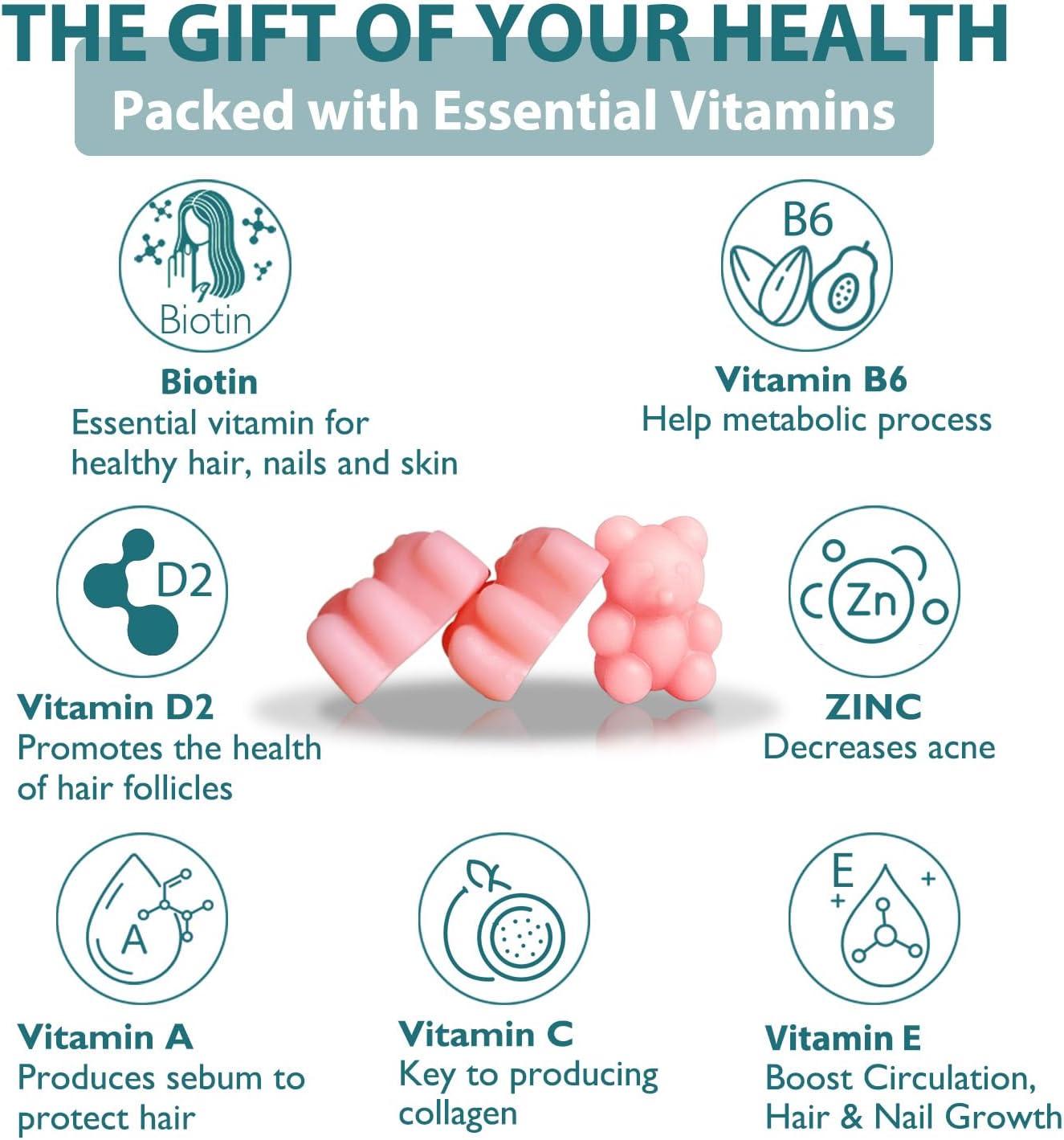 Ficpoud Hair, Skin and Nails Gummies - Vegan Biotin Vitamins for Women and Men, Supports Normal Hair Growth, Stronger Nails & Healthy Skin, 30-Day Supply - görsel 3