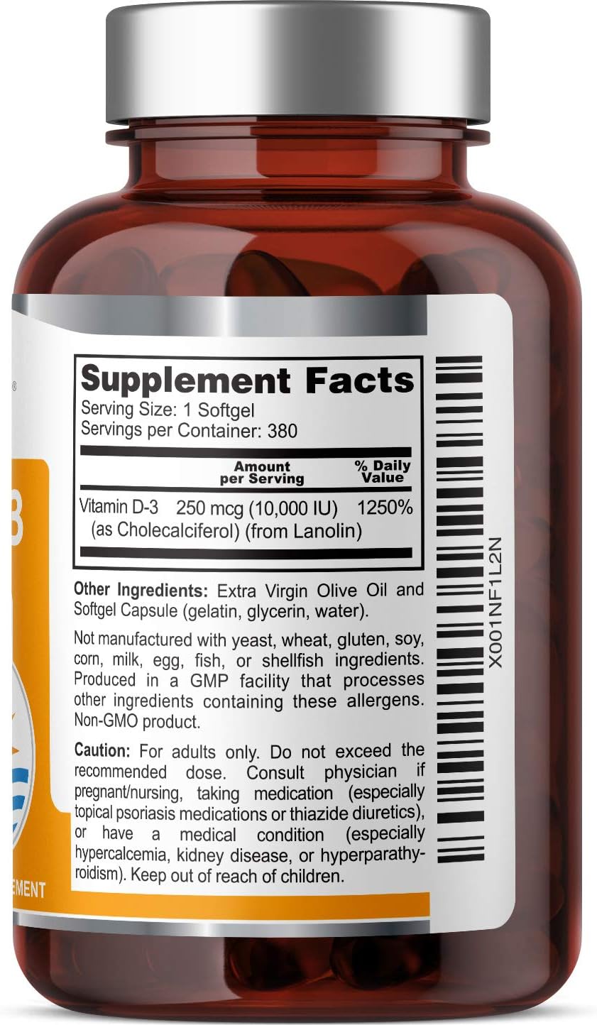 Vitamin D3 10000 IU 380 Softgels - High Strength with Extra Virgin Olive Oil, Non-GMO, Soya-Free - görsel 3