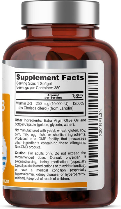 Vitamin D3 10000 IU 380 Softgels - High Strength with Extra Virgin Olive Oil, Non-GMO, Soya-Free