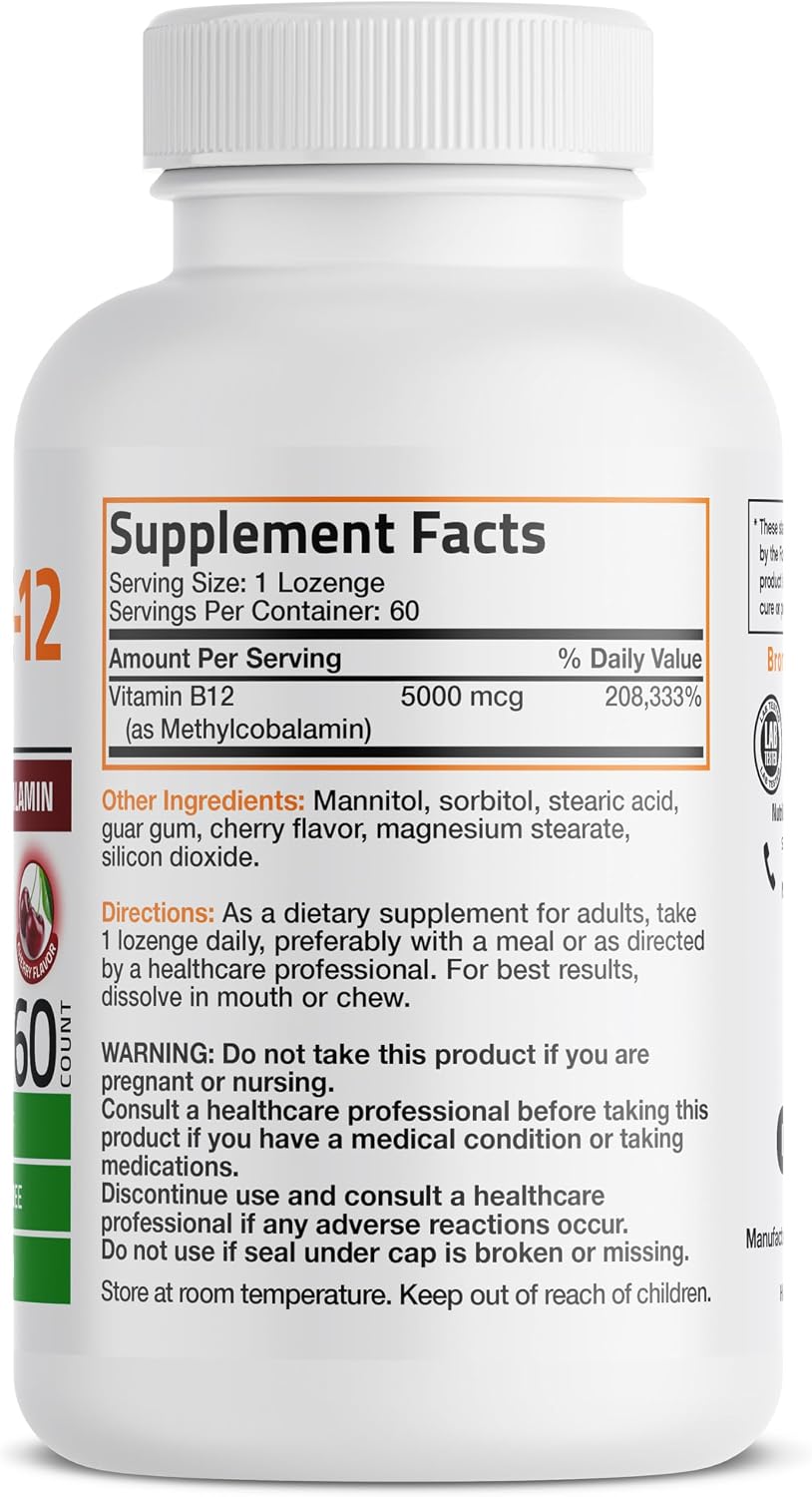 Bronson Methyl B12 5000 mcg Vitamin B12 Methylcobalamin Energy & Brain Support 60 Lozenges - görsel 2