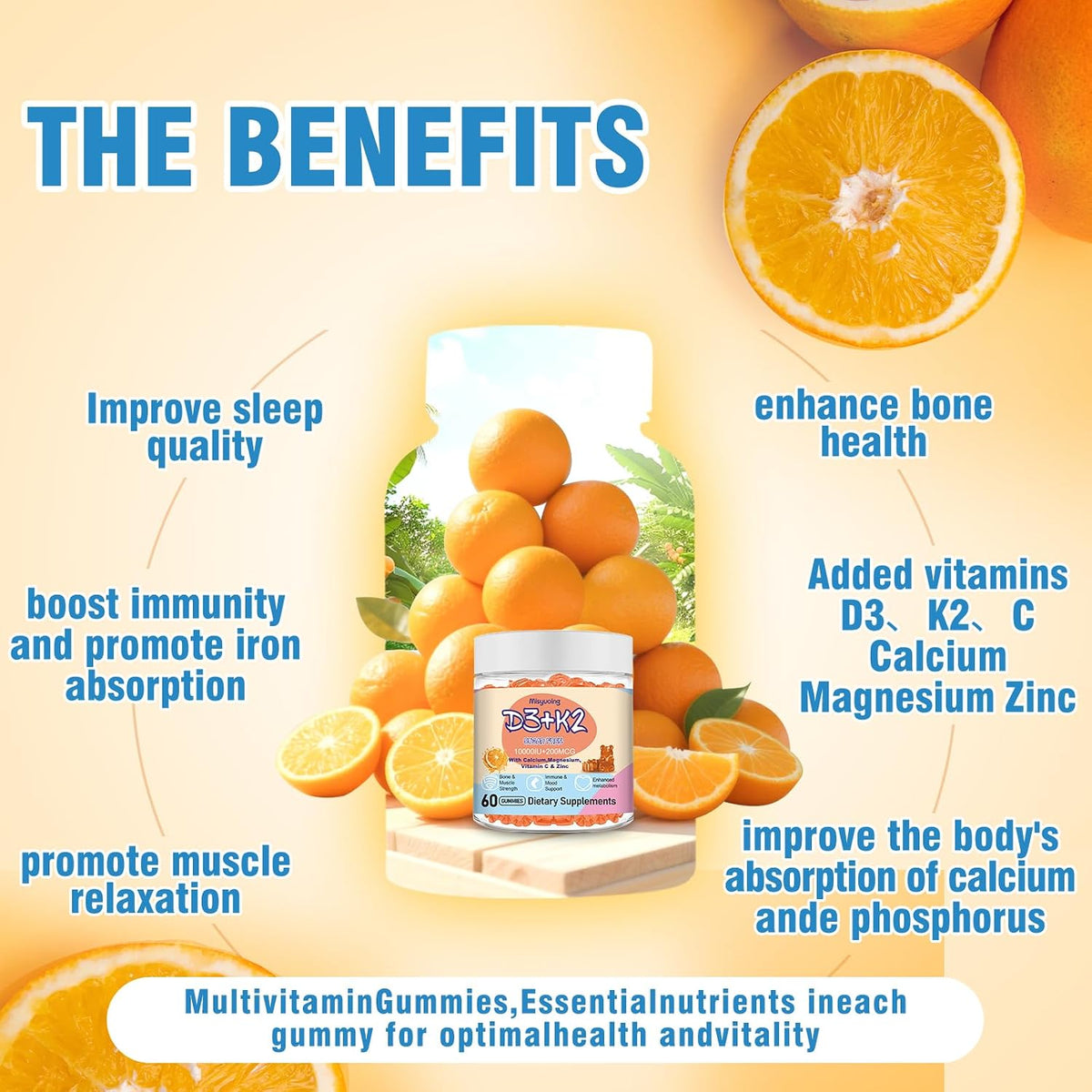 Misyvoing Vitamin D3 K2 Gummies with Vitamin C, Calcium, Magnesium & Zinc - 10,000 IU D3, 200mcg K2, Orange Flavour, Sugar-Free (60 Gummies) - görsel 2