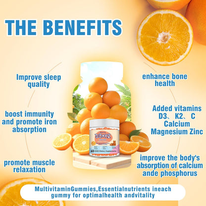 Misyvoing Vitamin D3 K2 Gummies with Vitamin C, Calcium, Magnesium & Zinc - 10,000 IU D3, 200mcg K2, Orange Flavour, Sugar-Free (60 Gummies)