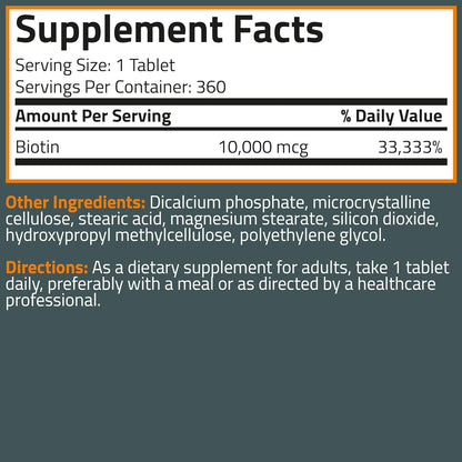 Bronson Biotin 10,000mcg, 360 Tablets - Contributes to Normal Hair, Skin & Nails