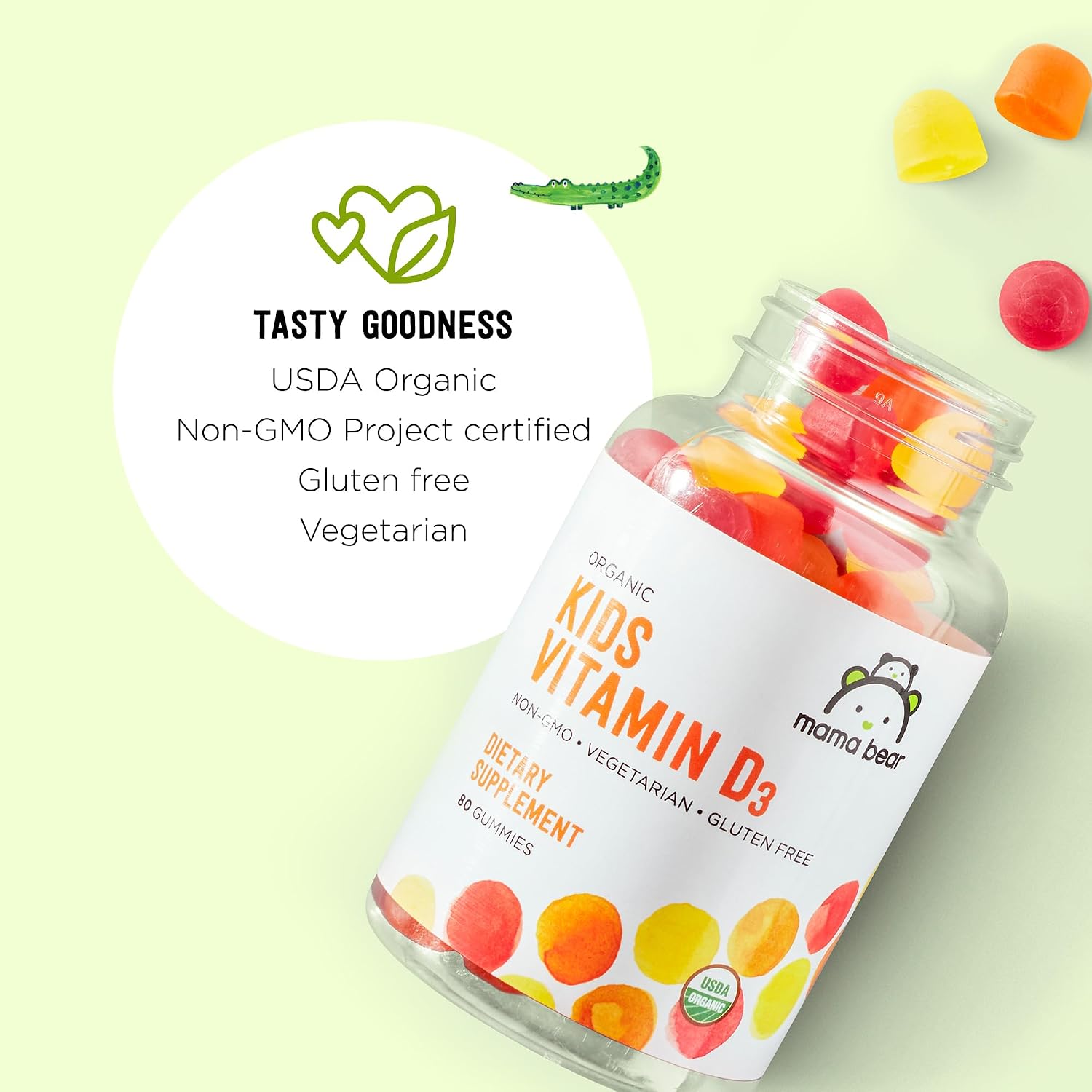 Mama Bear Organic Children's Vitamin D3 Gummies - 1000 IU - Bone and Immune Health - Strawberry, Lemon and Orange - 80 Gummies - görsel 2