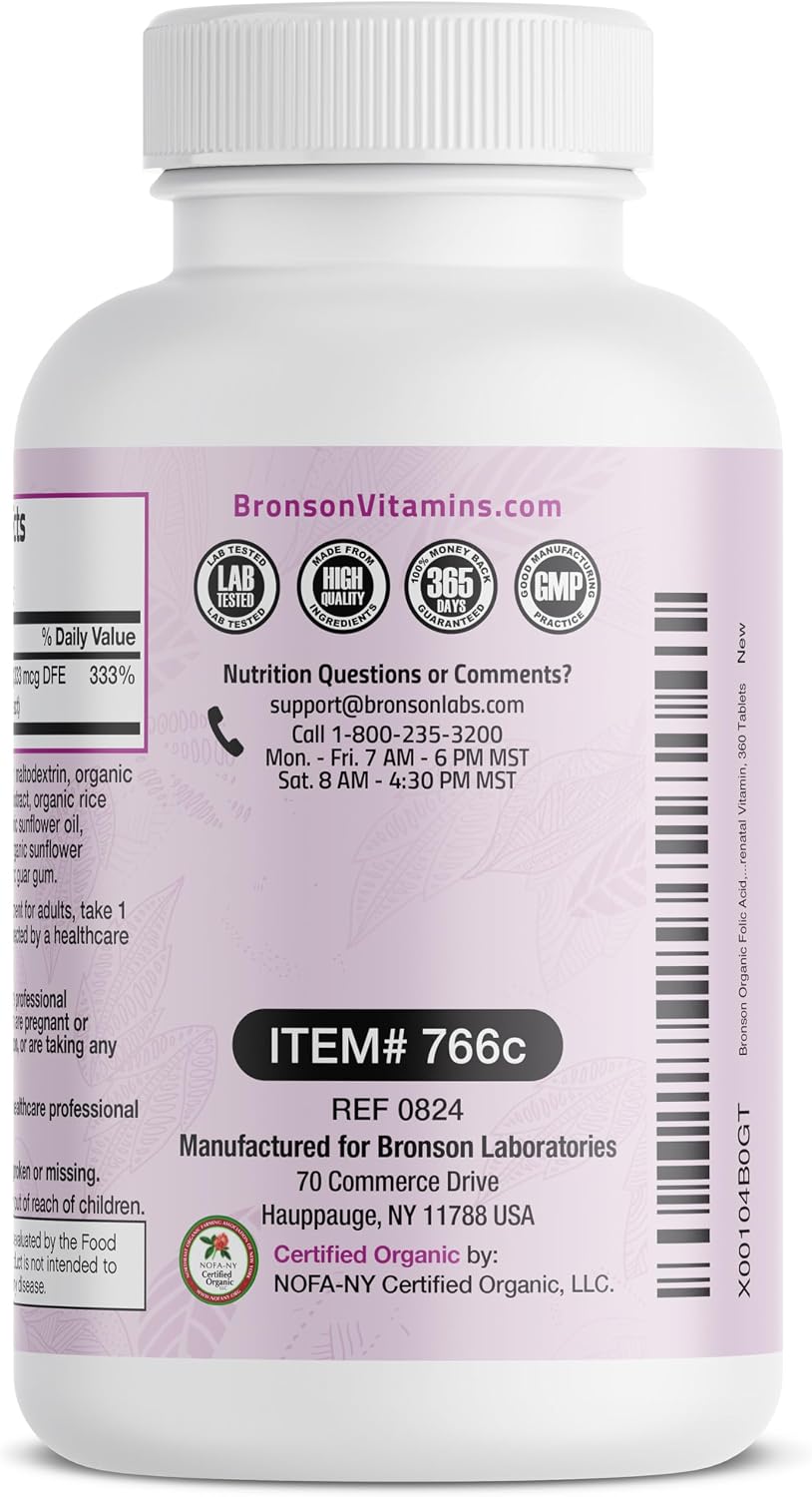 Bronson Organic Folic Acid (Vitamin B9 Folate) 800 mcg – 360 Tablets - görsel 5