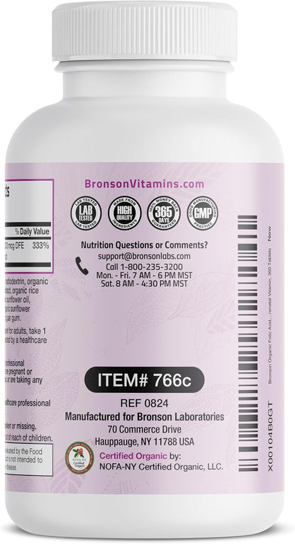 Bronson Organic Folic Acid (Vitamin B9 Folate) 800 mcg – 360 Tablets