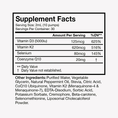 Terra Health Essentials Liposomal Vitamin D3 + K2 with CoQ10 & Selenium - High Absorption Liquid Supplement for Bone & Heart Health, Calcium Support, Immune & Mood Balance - 60 ml, 30-Day Supply