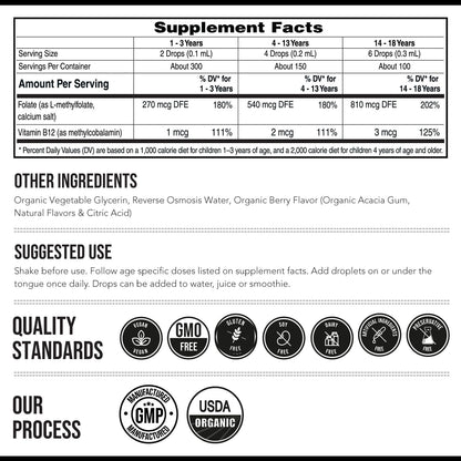 Organic Kids L-Methylfolate + Methyl B12 Cofactor - MTHFR Sublingual Form - 5-MTHF, Superior Form of Folate - Adjustable Dosage for All Ages - Mood, Behaviour, Cognition - Organic Berry Flavour, 30 ml
