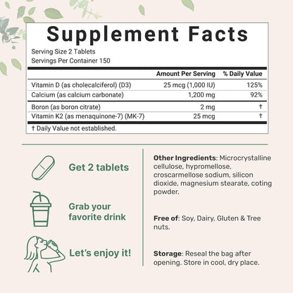Calcium 1,200mg with Vitamin D3 & K2 – 300 Tablets | Bone, Teeth & Normal Blood Clotting Support