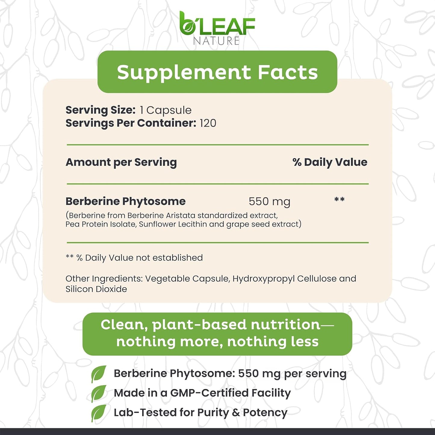 B'Leaf Nature Berberine Phytosome, 120 Capsules – 1100mg Berberine Supplement for Metabolic and Heart Health – Vegan, Gluten-Free, Non-GMO Berberine Phytosome Capsules for Immune Support - görsel 2