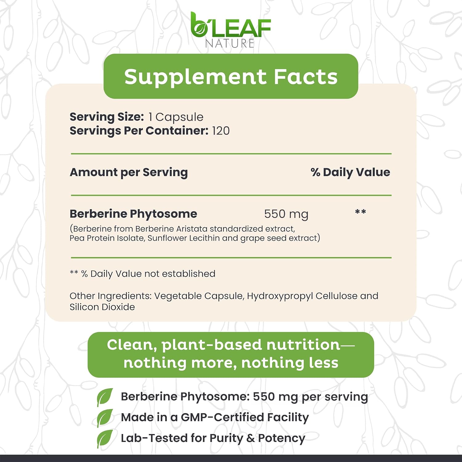 B'Leaf Nature Berberine Phytosome, 120 Capsules – 1100mg Berberine Supplement for Metabolic and Heart Health – Vegan, Gluten-Free, Non-GMO Berberine Phytosome Capsules for Immune Support - görsel 2