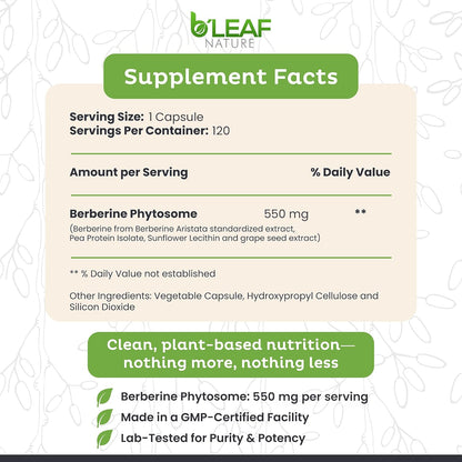 B'Leaf Nature Berberine Phytosome, 120 Capsules – 1100mg Berberine Supplement for Metabolic and Heart Health – Vegan, Gluten-Free, Non-GMO Berberine Phytosome Capsules for Immune Support