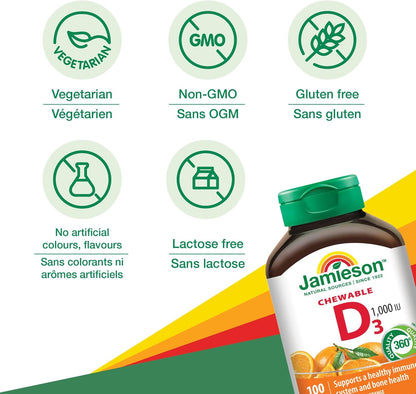 Jamieson Natural Tangy Orange Chewable Vitamin D3 1000 IU 100 Tablets