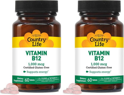 Country Life Vitamin B12 1000 mcg - Vegan & Gluten-Free Food Supplement for Energy and Brain Health