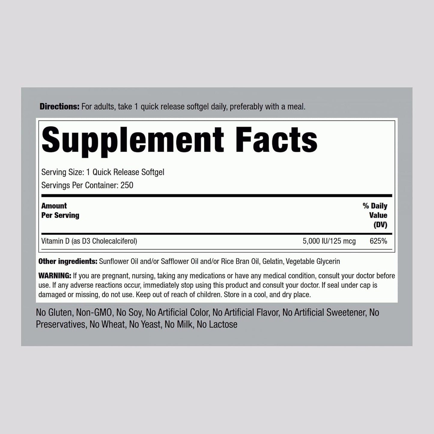 Piping Rock Vitamin D3 5000 IU | 250 Softgels | High Potency Supplement | Non-GMO, Gluten-free - görsel 2