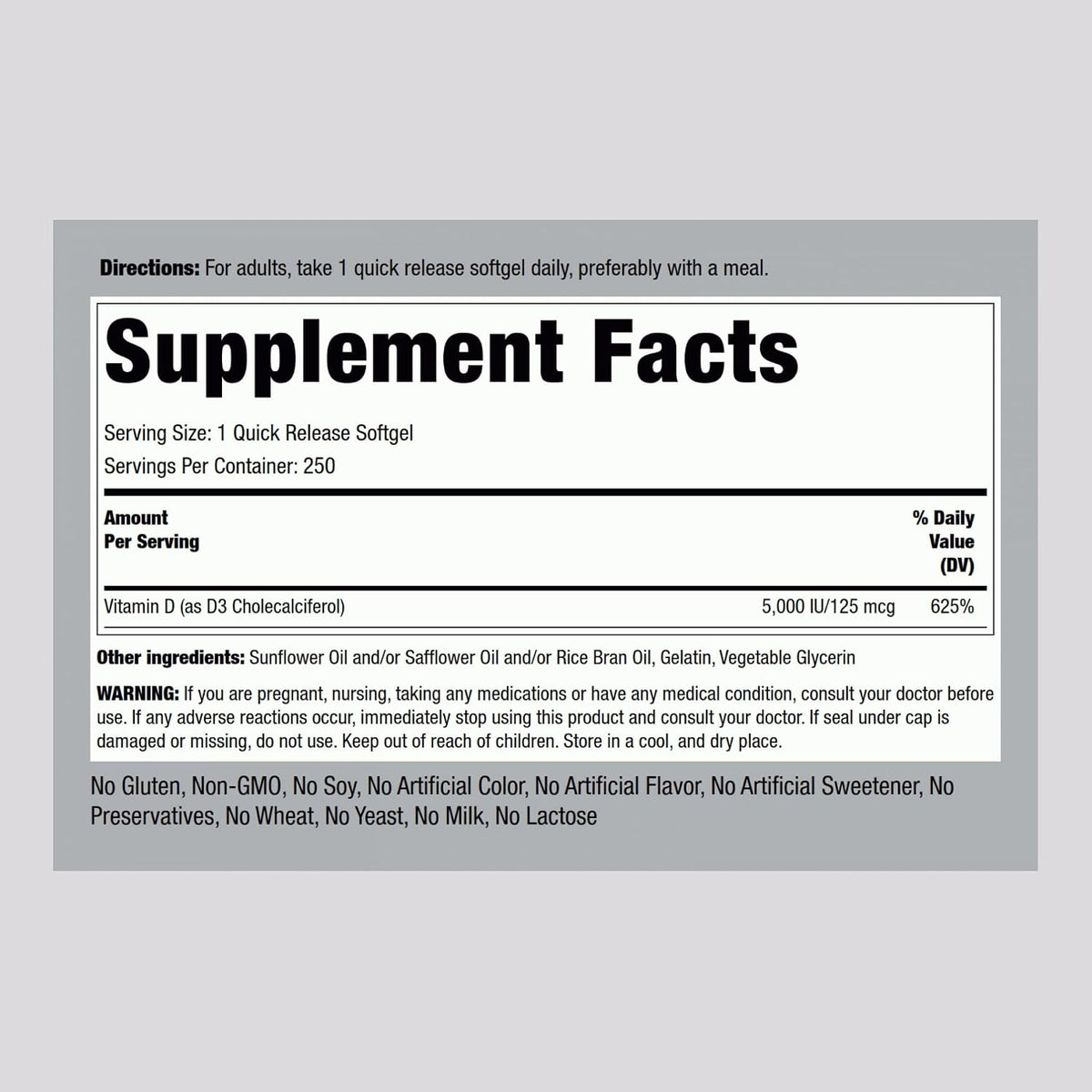 Piping Rock Vitamin D3 5000 IU | 250 Softgels | High Potency Supplement | Non-GMO, Gluten-free - görsel 2