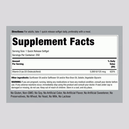 Piping Rock Vitamin D3 5000 IU | 250 Softgels | High Potency Supplement | Non-GMO, Gluten-free