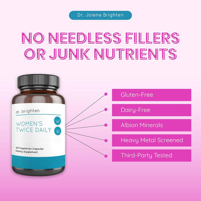 Dr. Brighten Women’s Twice Daily — Premium Women’s Multivitamin, Full-Spectrum with No Iron, Unique Nutrients, Higher B Vitamins — 120 Capsules
