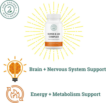 2nd Springs Super B-100 Complex - High Potency B Vitamin with B-6, B-12, Folate, Niacin, Biotin, Choline, Inositol and PABA for Energy and Metabolism support