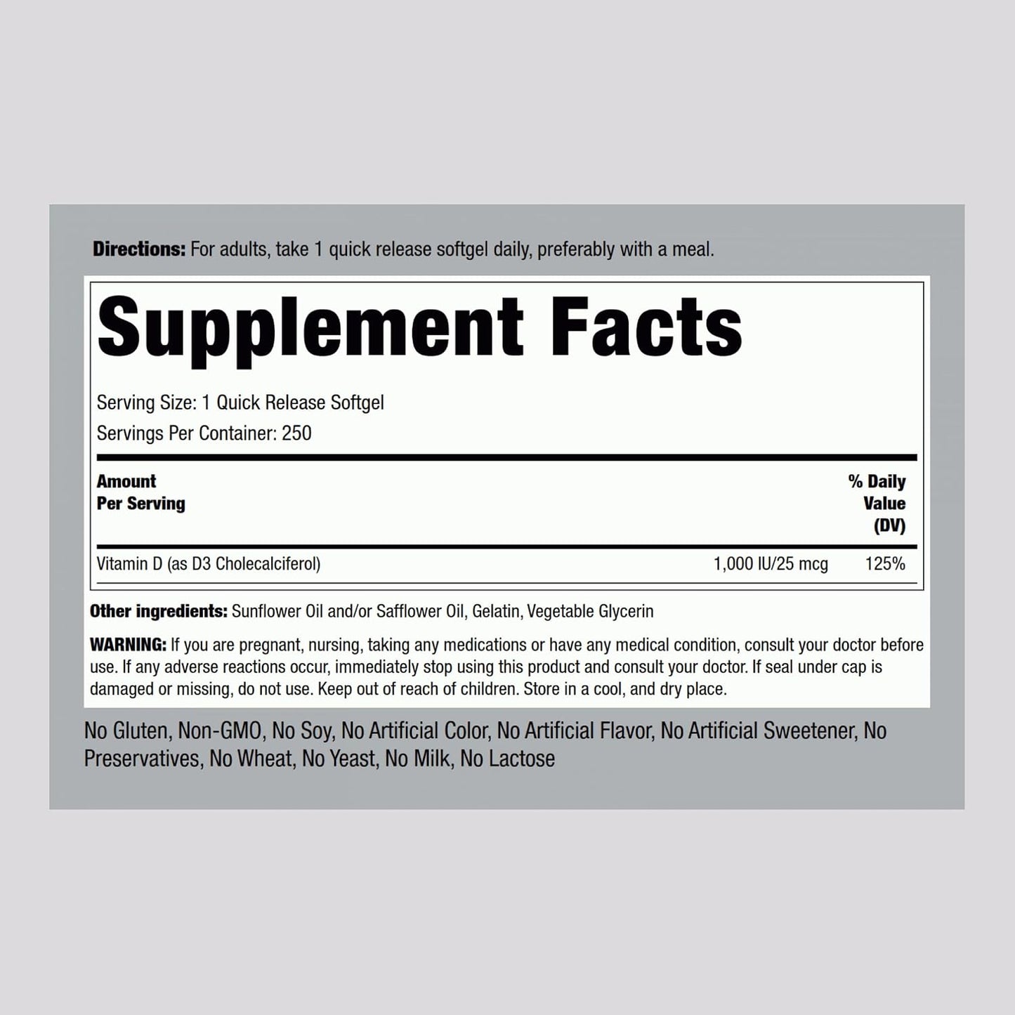 Piping Rock Vitamin D3 1000IU – High Potency (25 mcg) – 250 Softgels – Non-GMO, Gluten-free - görsel 2
