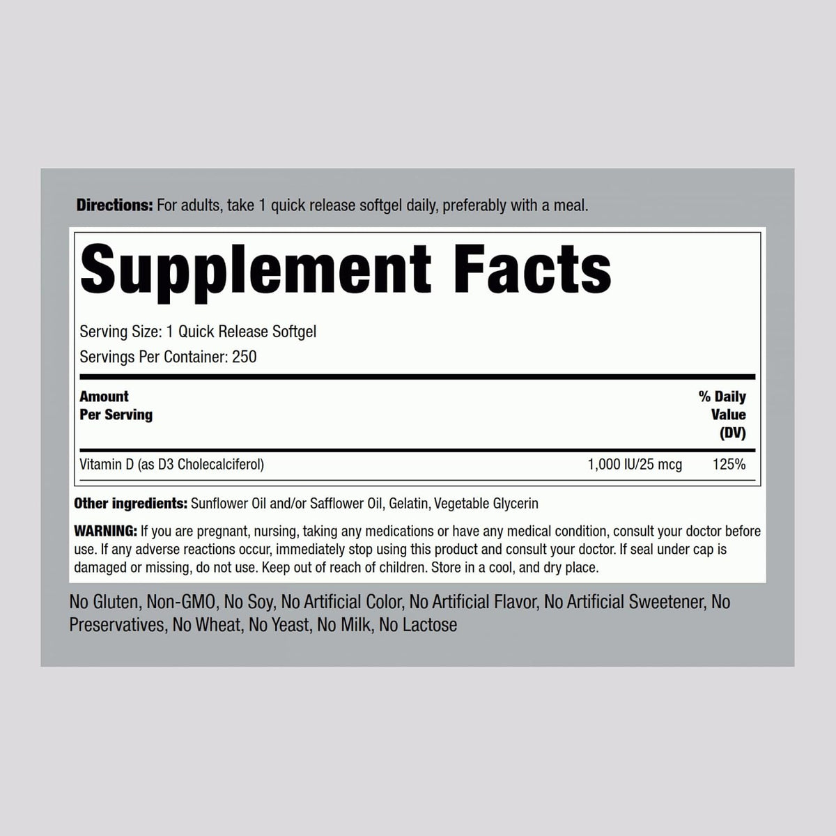Piping Rock Vitamin D3 1000IU – High Potency (25 mcg) – 250 Softgels – Non-GMO, Gluten-free - görsel 2