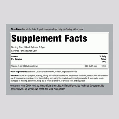 Piping Rock Vitamin D3 1000IU – High Potency (25 mcg) – 250 Softgels – Non-GMO, Gluten-free