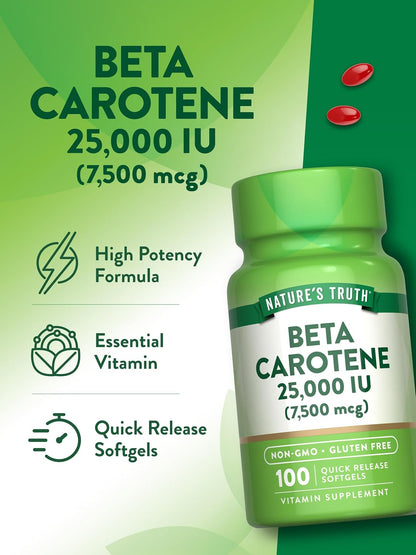 Nature's Truth Beta Carotene 25000 IU Softgels – 100 Count – Vitamin A Supplement