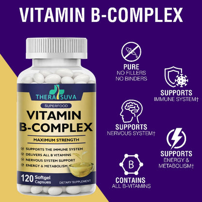 TheraSuva Vitamin B-Complex + CoQ10 + Vitamin C – Max Strength Food Supplement for Energy & Metabolism Support, 2 Month Supply, 120 Softgels