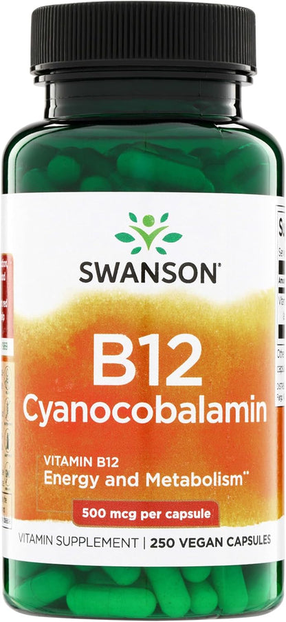 Swanson B12 Cyanocobalamin – Energy Metabolism Support – Nervous System & Red Blood Cell Health – Non-GMO & Gluten-free – 250 Capsules