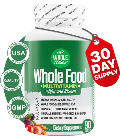 Whole Nature Whole Food Multivitamin - Complete Daily Superfood for Men and Women with Digestive Enzymes, Probiotics, and Omegas (2 Bottles)
