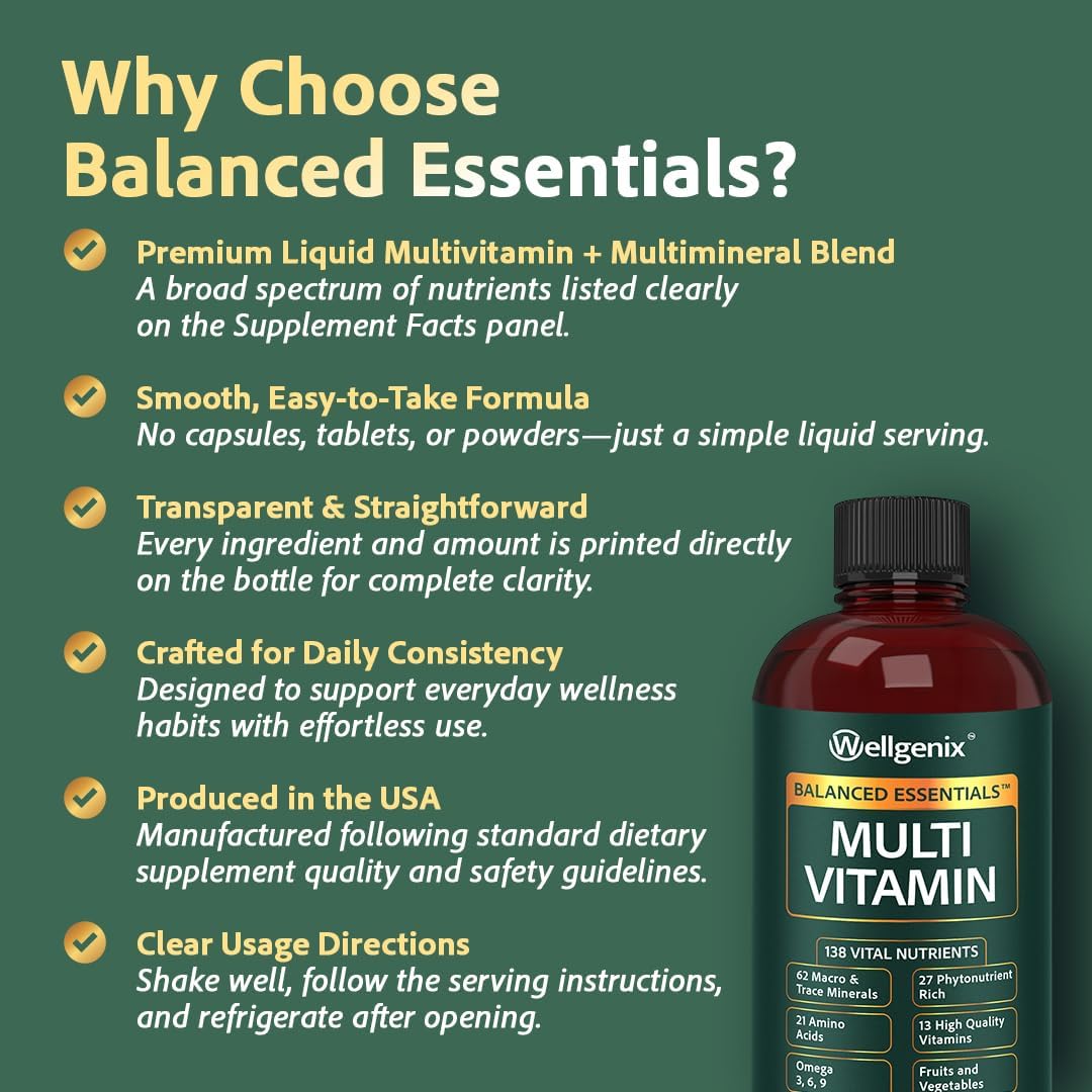 Wellgenix Balanced Essentials Liquid Multivitamin & Minerals - 946 ml - 138 Nutrients per Serving - görsel 5