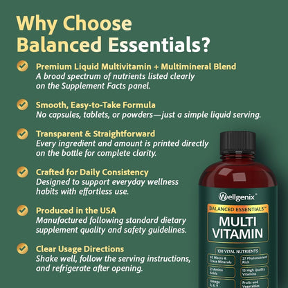 Wellgenix Balanced Essentials Liquid Multivitamin & Minerals - 946 ml - 138 Nutrients per Serving