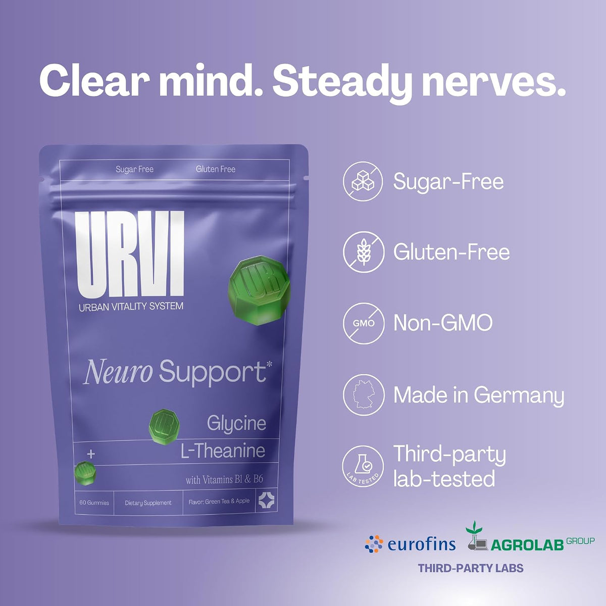 URVI Neuro Gummies – 500mg Glycine, 150mg L-Theanine, B1 & B6 for Relaxation & Sleep – Sugar-Free – 60 Count - görsel 4