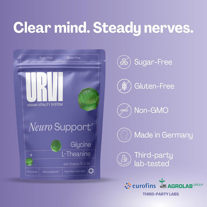 URVI Neuro Gummies – 500mg Glycine, 150mg L-Theanine, B1 & B6 for Relaxation & Sleep – Sugar-Free – 60 Count