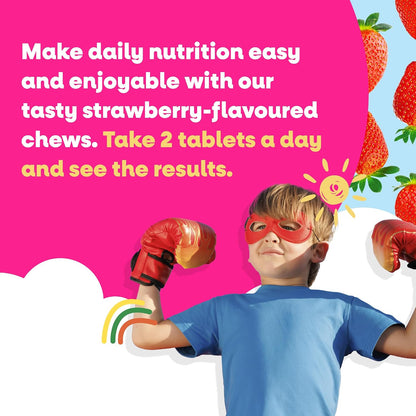 VEGETOLOGY Kids Multivitamin Food Supplement – Vegan Chewable Multivitamin for Immune Function, Energy & Growth, 18 Essential Vitamins & Minerals – 60 Tablets, Strawberry