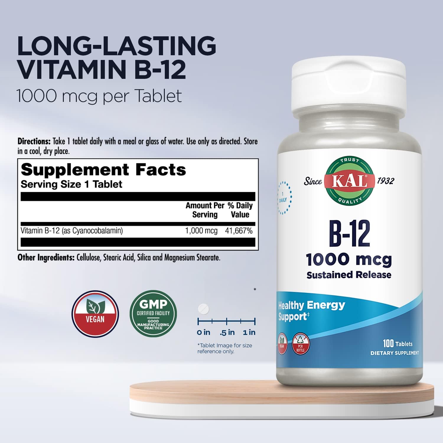 KAL Vitamin B12 1000mcg Sustained Release Tablets - Vegan, Energy Support, 100 Count - görsel 2