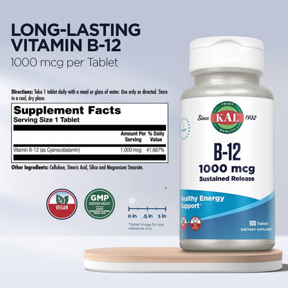 KAL Vitamin B12 1000mcg Sustained Release Tablets - Vegan, Energy Support, 100 Count