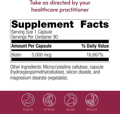 Bariatric Advantage Biotin 5,000 mcg - for Bariatric Surgery Patients - Easy-to-Digest Mini Capsules - Hair, Skin and Nails Support - 90 Count