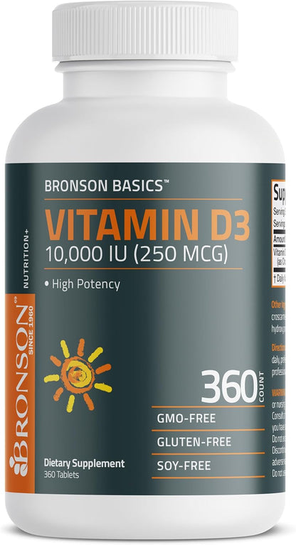 Bronson Vitamin D3 10,000 IU (250 mcg) - 360 Tablets for Immune and Muscle Health