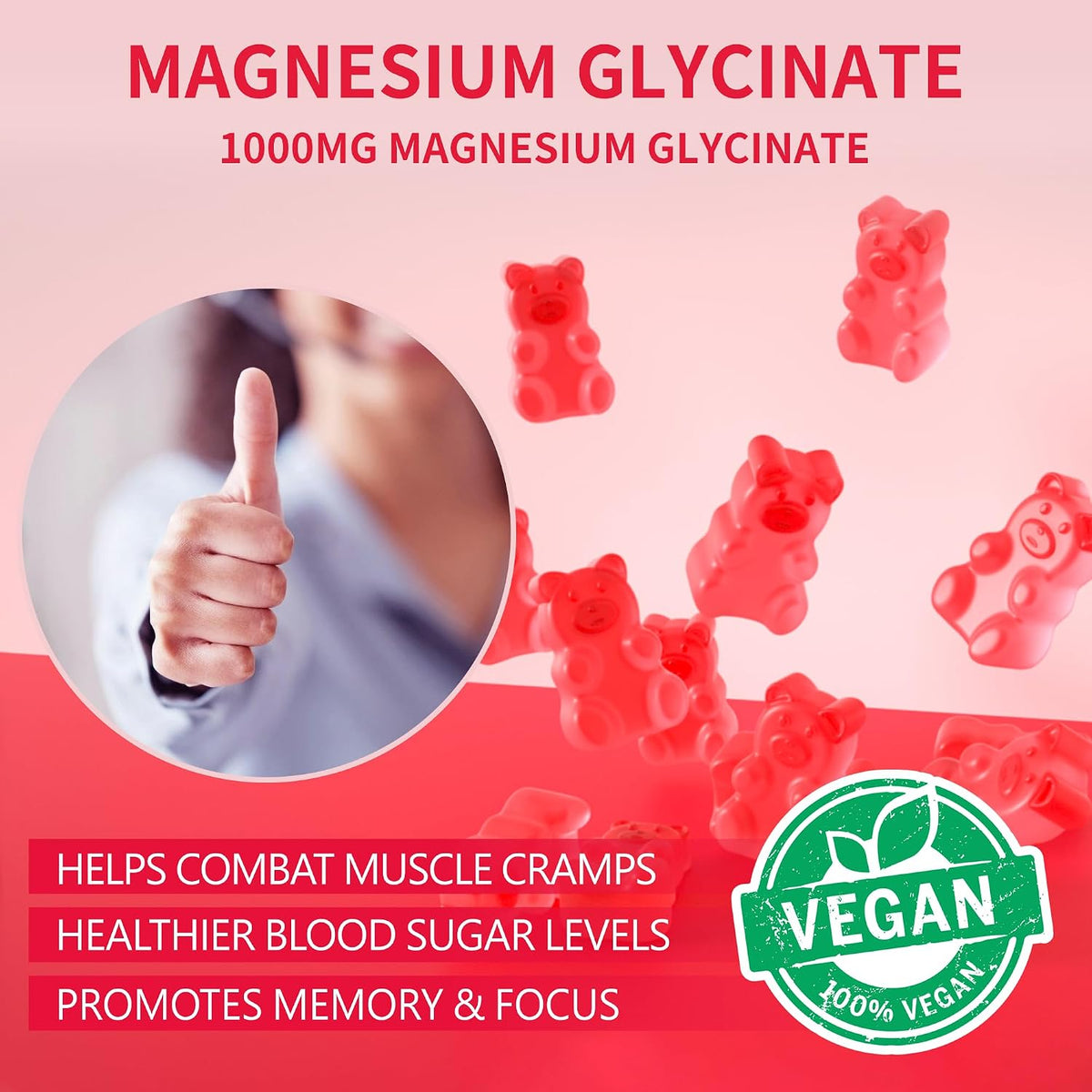 Magnesium Glycinate Gummies 1000mg with Vitamin D, B6, CoQ10 - Sugar Free, 180 Raspberry Gummies - görsel 6