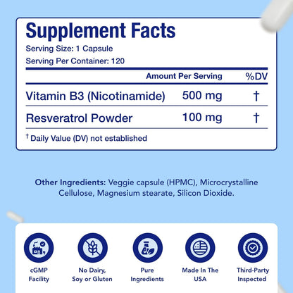 Resveratrol with Vitamin B3 Nicotinamide 500mg – NAD+ Precursor and Longevity Complex (120-Day Supply)