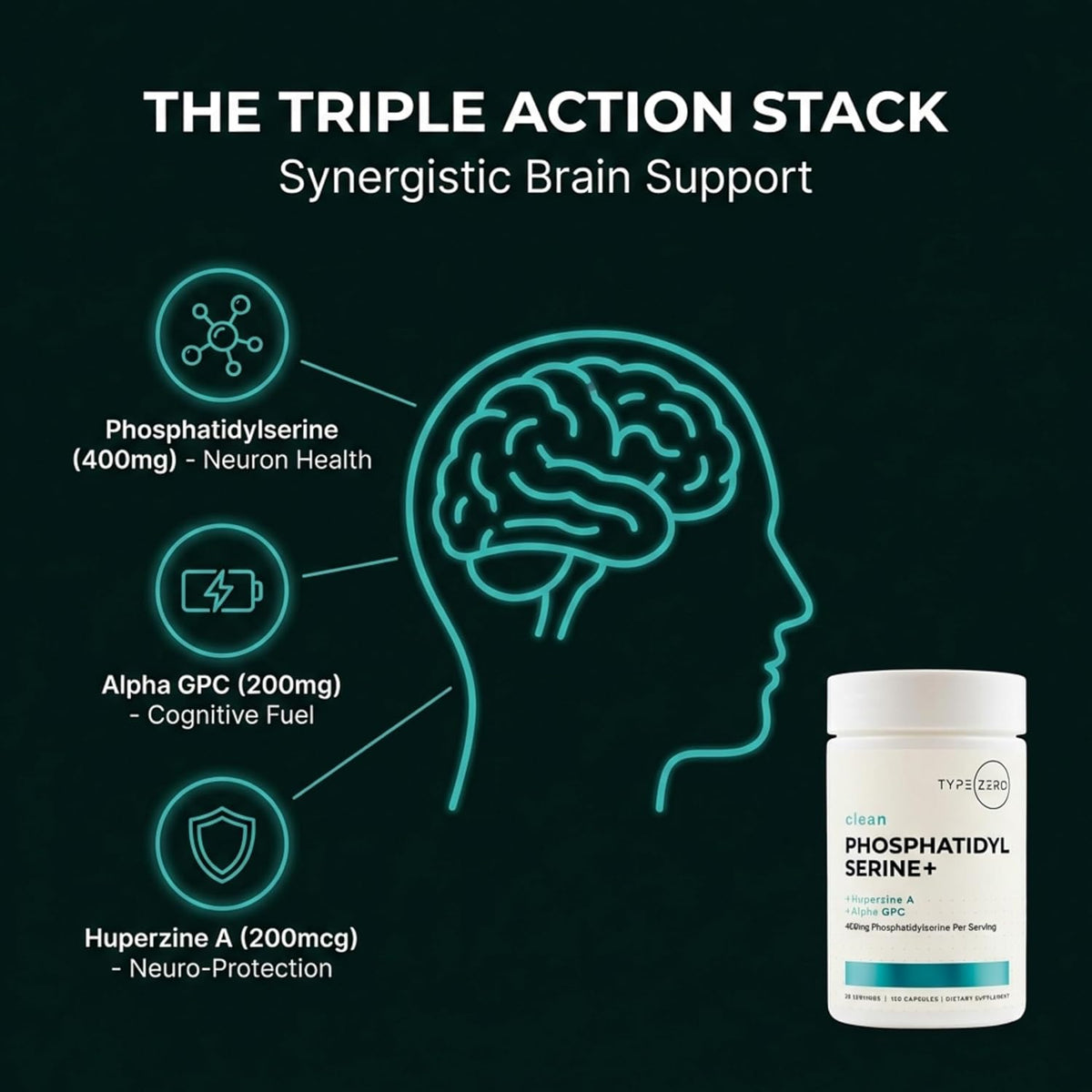 Type Zero Phosphatidylserine 3X Strength Nootropics Brain Support Supplement with Alpha GPC, Huperzine A - görsel 5