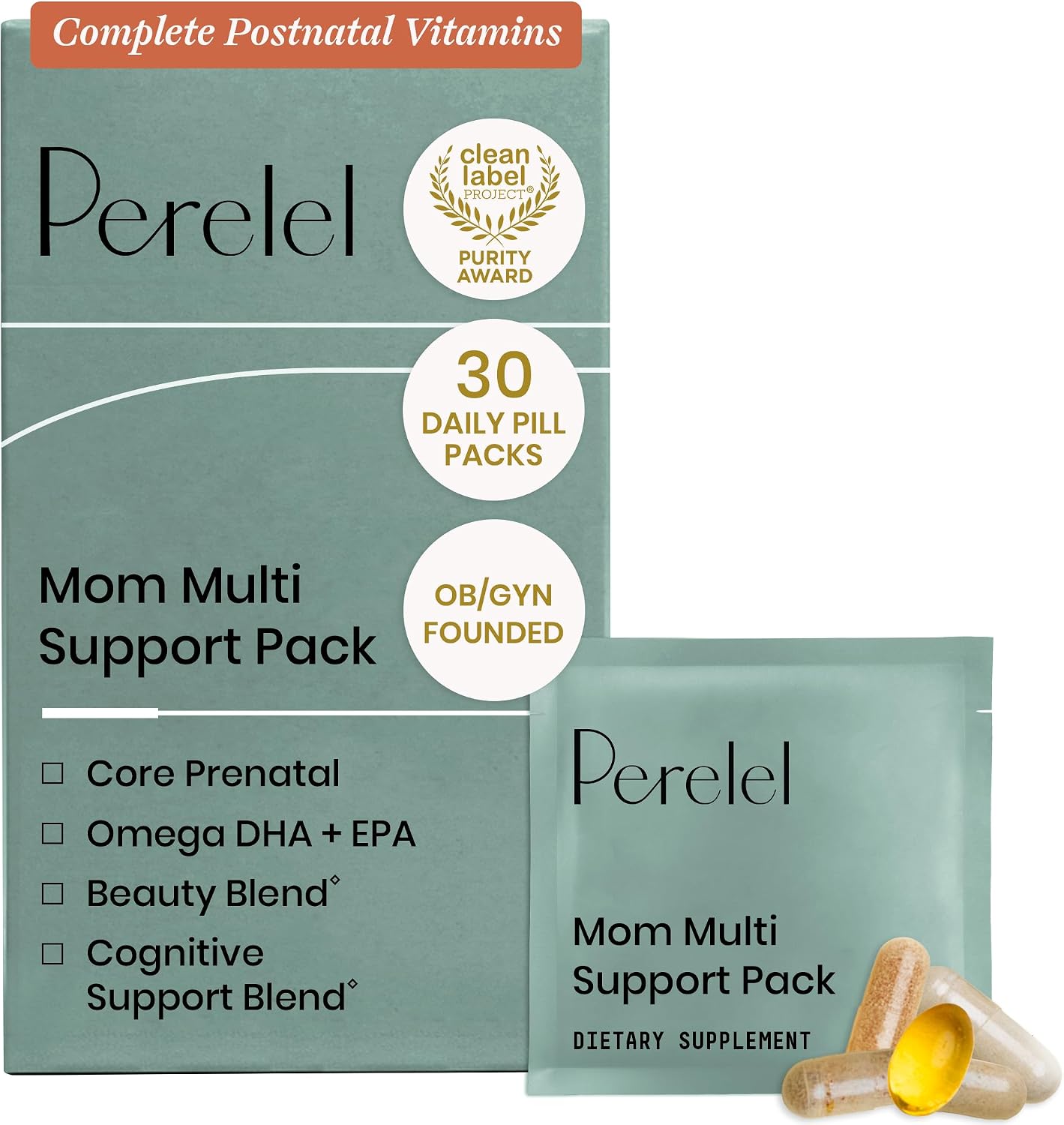 Perelel Mum Multi Support Pack - Postnatal Vitamins with Omega-3 DHA, Iron, Collagen & Vitamin B12 - 30 Daily Pill Packs - görsel 1