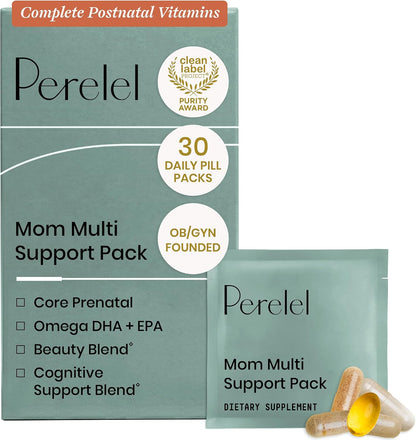 Perelel Mum Multi Support Pack - Postnatal Vitamins with Omega-3 DHA, Iron, Collagen & Vitamin B12 - 30 Daily Pill Packs