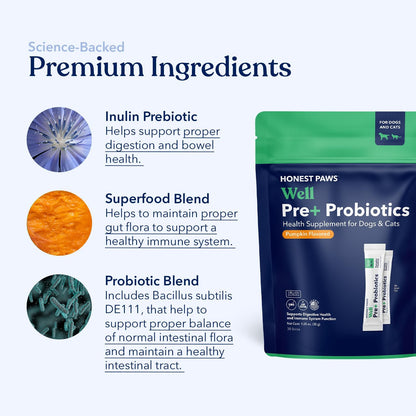 Honest Paws Probiotics for Dogs - Dog Digestion Gut Health Probiotic Powder with Prebiotic Made in the USA, Digestive and Immune Support - Digestive Enzymes with Pumpkin Flavour (30 Sticks)