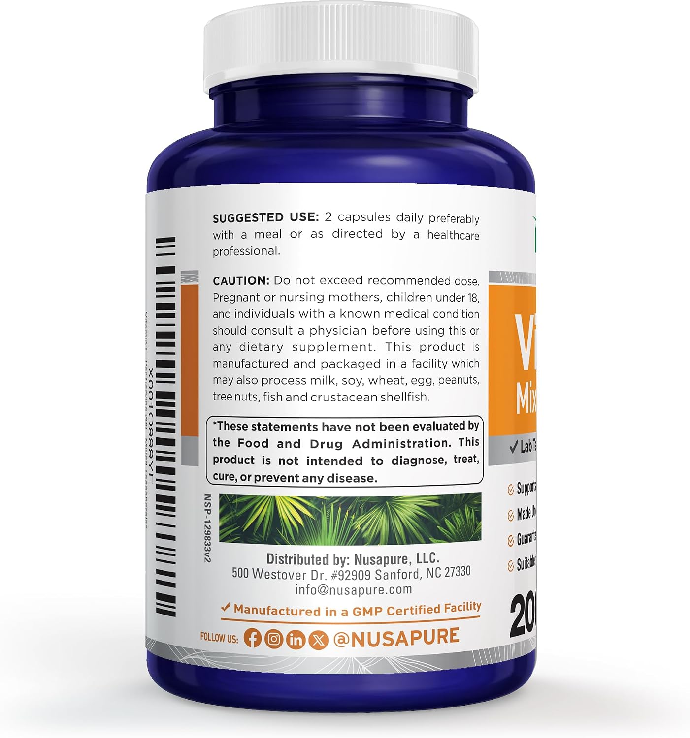 NusaPure Vitamin E Mixed Tocopherols – Vegetarian/Vegan, Non-GMO – 200 Capsules - görsel 3
