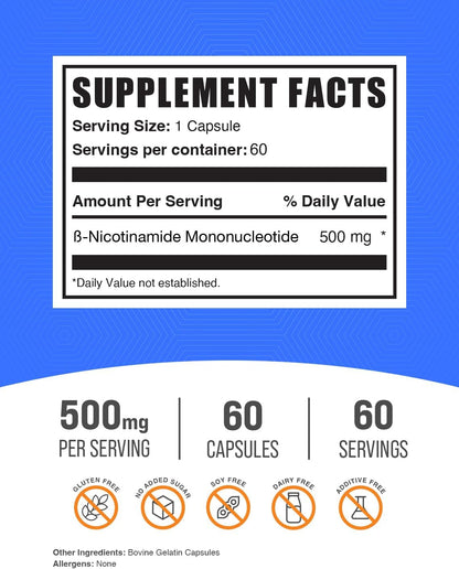 BulkSupplements.com NMN Capsules – 500mg Beta-Nicotinamide Mononucleotide, 60 Capsules