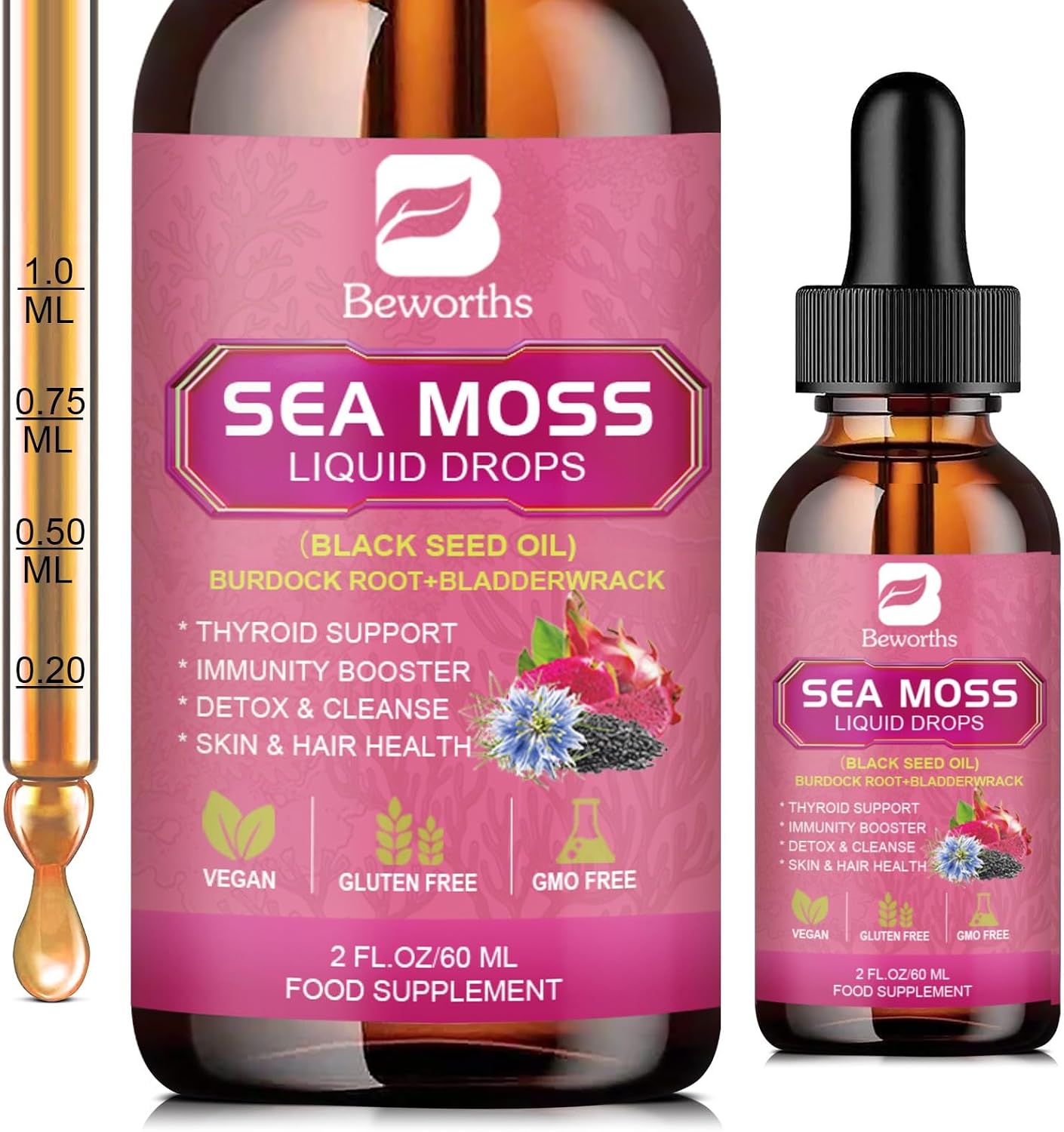 B BEWORTHS Sea Moss & Black Seed Oil Liquid Drops with Irish Sea Moss, Burdock Root, Bladderwrack, Elderberry, Spirulina - 120 ml, Vegan - görsel 10