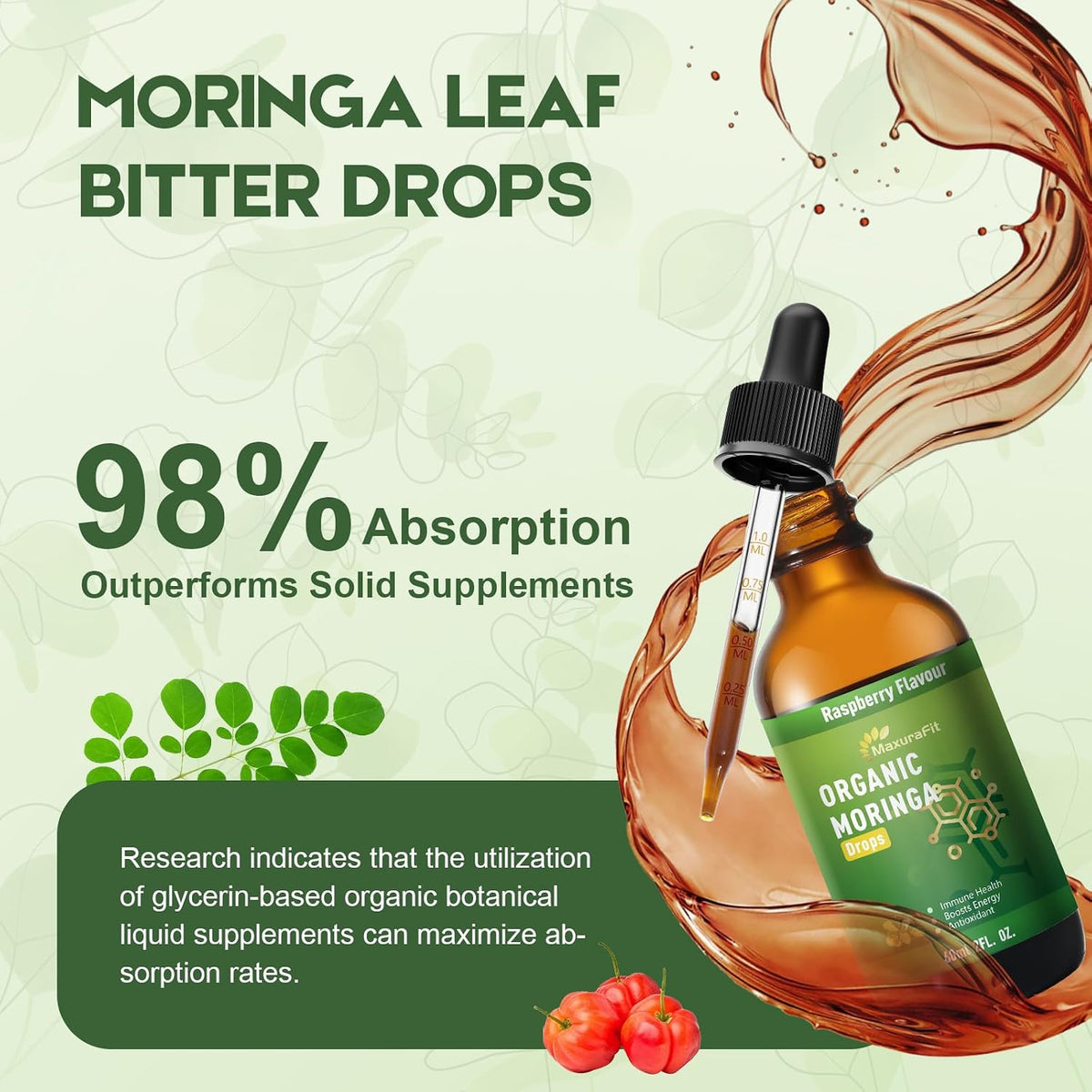 Moringa Leaf Drops with Vitamin C | Immune Support & Energy | Vegan Herbal Supplement (60 ml) - görsel 6